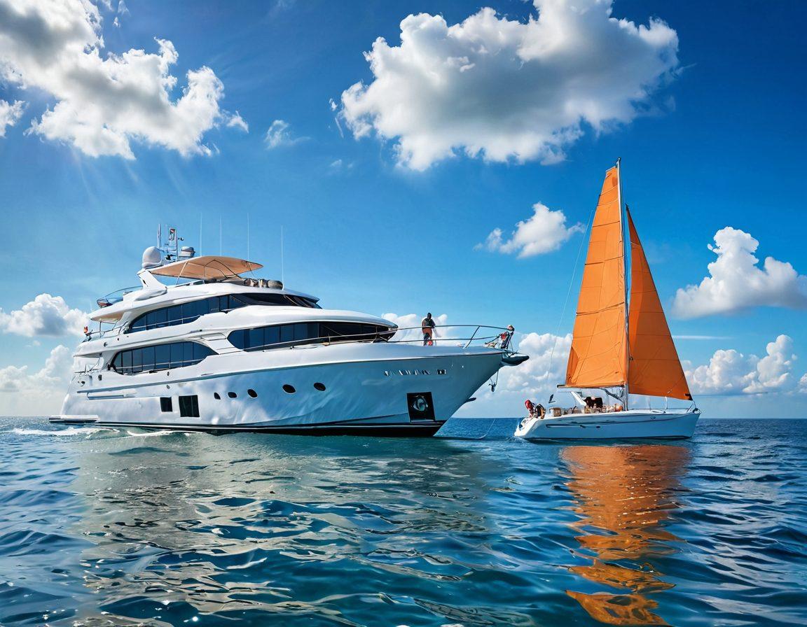 A serene ocean scene featuring a luxurious yacht sailing through calm waters, with a clear blue sky and soft clouds. In the foreground, a family enjoys their time aboard, while in the background, an umbrella of colorful insurance icons floats above the yacht, symbolizing marine protection. The sunlight reflects off the water, creating a warm and inviting atmosphere. super-realistic. vibrant colors. white background.