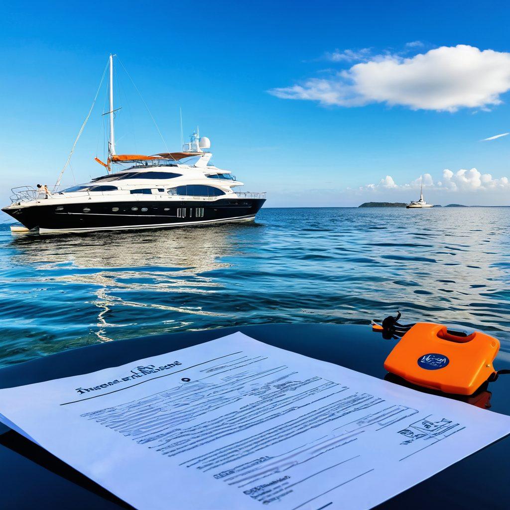 A serene water landscape featuring a luxurious yacht anchored peacefully, with a clear blue sky and gentle waves. In the foreground, a group of smiling people discussing safety gear and insurance documents, surrounded by boating equipment and life vests. Subtle legal symbols like scales of justice and a shield integrated into the scene, reflecting security and peace of mind. super-realistic. vibrant colors. tranquil atmosphere.