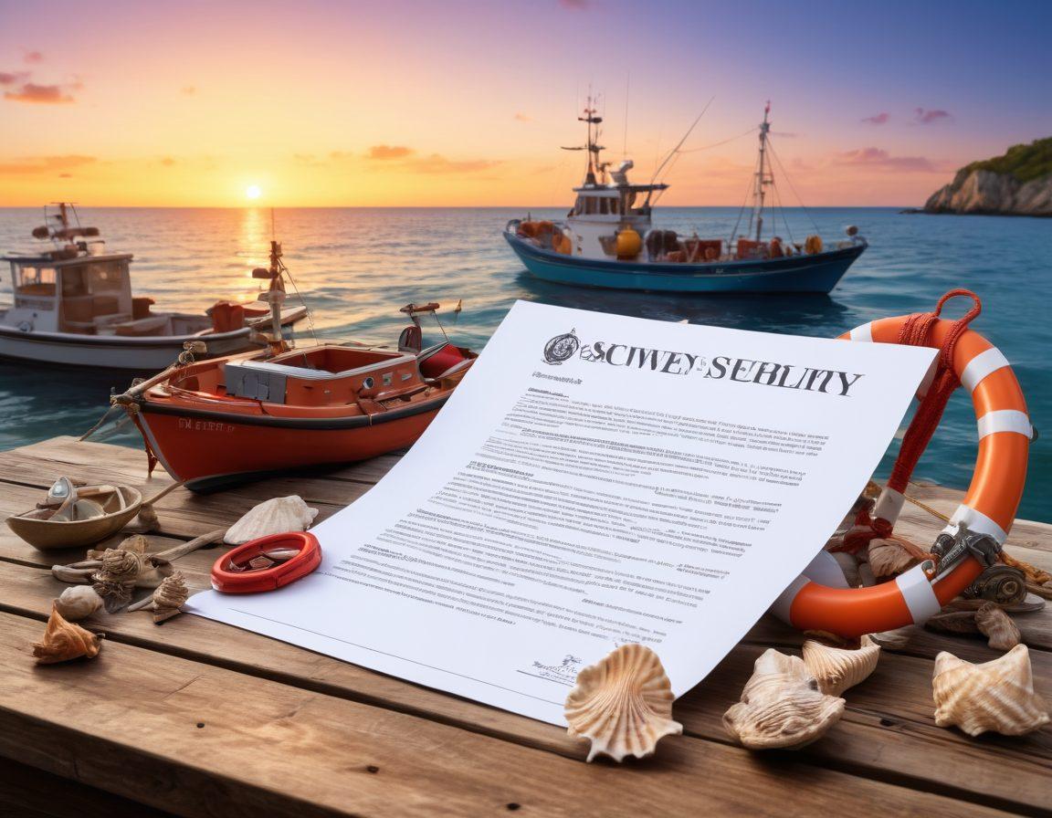 A serene marine landscape with a vibrant sunset reflecting on calm waters, featuring a diverse range of boats safely anchored. In the foreground, an open nautical insurance policy document rests on a weathered wooden table, surrounded by seashells and nautical tools. Subtle suggestions of adventure are represented by a compass and a lifebuoy nearby. Infuse the scene with a sense of security and excitement for marine exploration. super-realistic. vibrant colors. 3D.